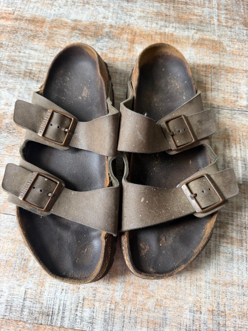 Birkenstock USED Two Strap Arizona Gray Leather Used Mens Size EU 43 US 10.5